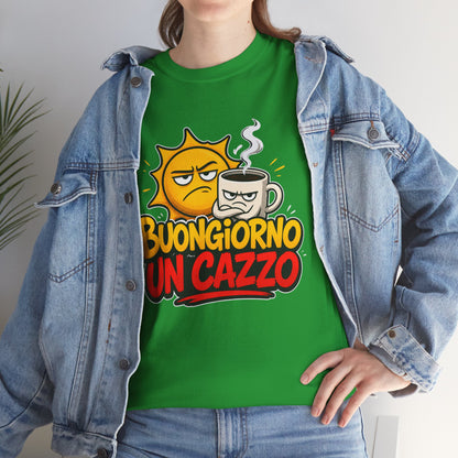 Maglietta Ironica "Buongiorno Un Cazzo" | T-Shirt Divertente con Sole e Caffè | Idea Regalo Uomo Donna