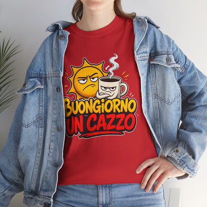 Maglietta Ironica "Buongiorno Un Cazzo" | T-Shirt Divertente con Sole e Caffè | Idea Regalo Uomo Donna