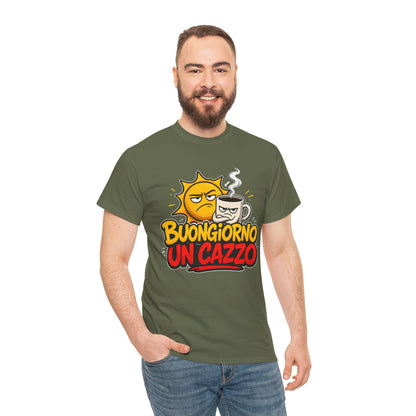 Maglietta Ironica "Buongiorno Un Cazzo" | T-Shirt Divertente con Sole e Caffè | Idea Regalo Uomo Donna