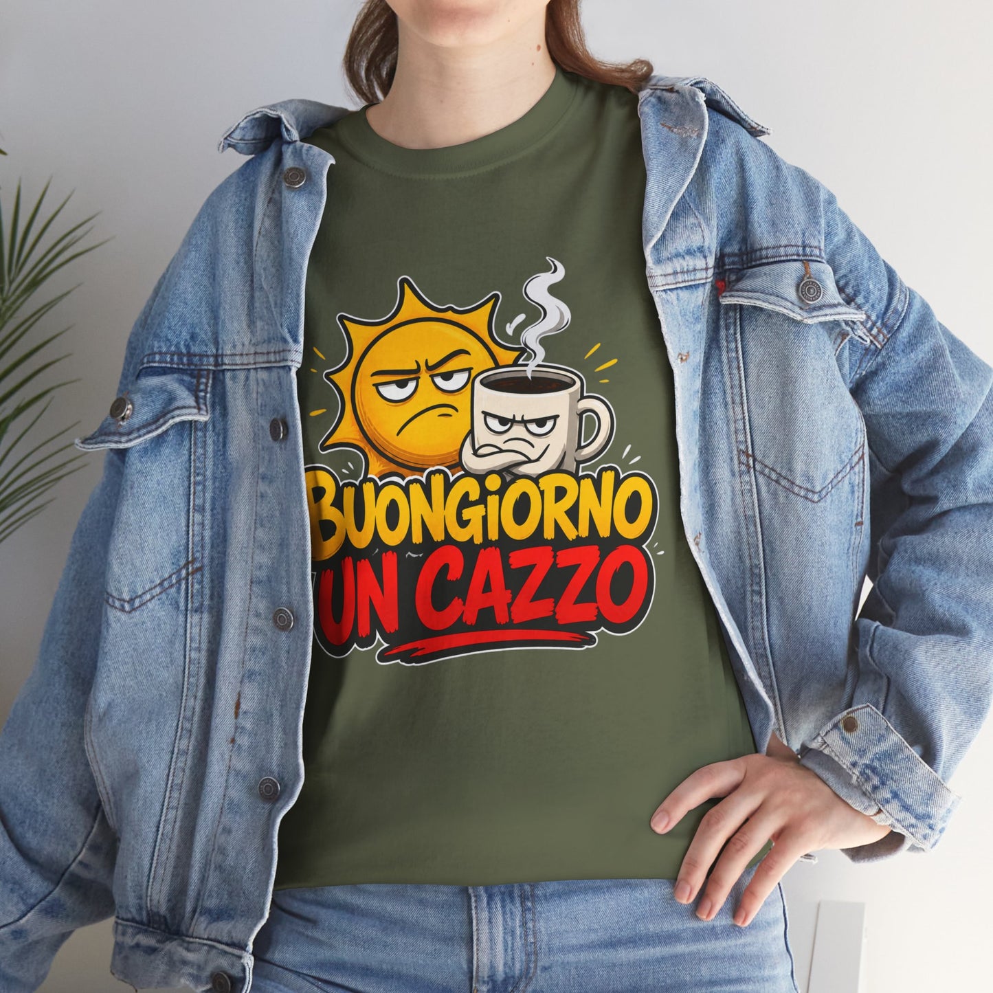 Maglietta Ironica "Buongiorno Un Cazzo" | T-Shirt Divertente con Sole e Caffè | Idea Regalo Uomo Donna