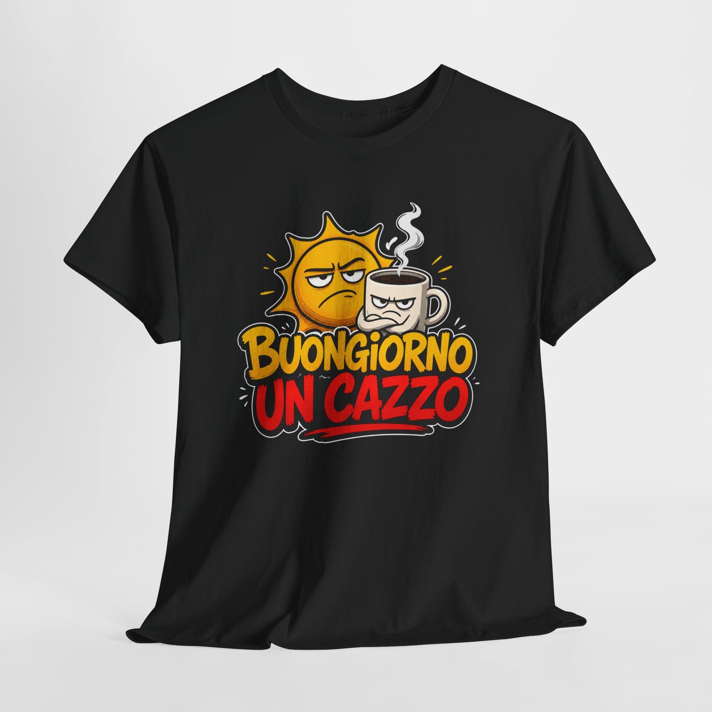 Maglietta Ironica "Buongiorno Un Cazzo" | T-Shirt Divertente con Sole e Caffè | Idea Regalo Uomo Donna