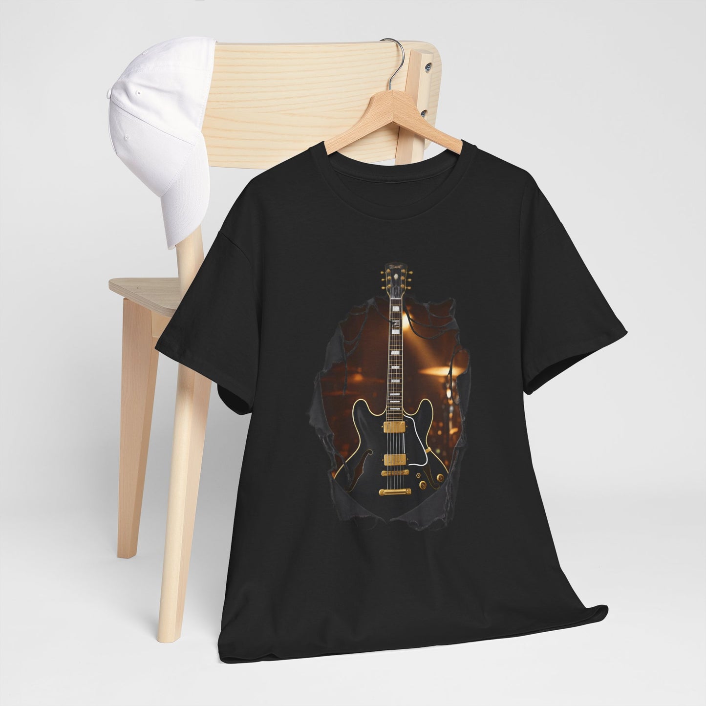Blues Rock Music T-Shirt - Black Electric Guitar with Ripped Effect