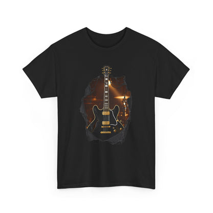 Blues Rock Music T-Shirt - Black Electric Guitar with Ripped Effect