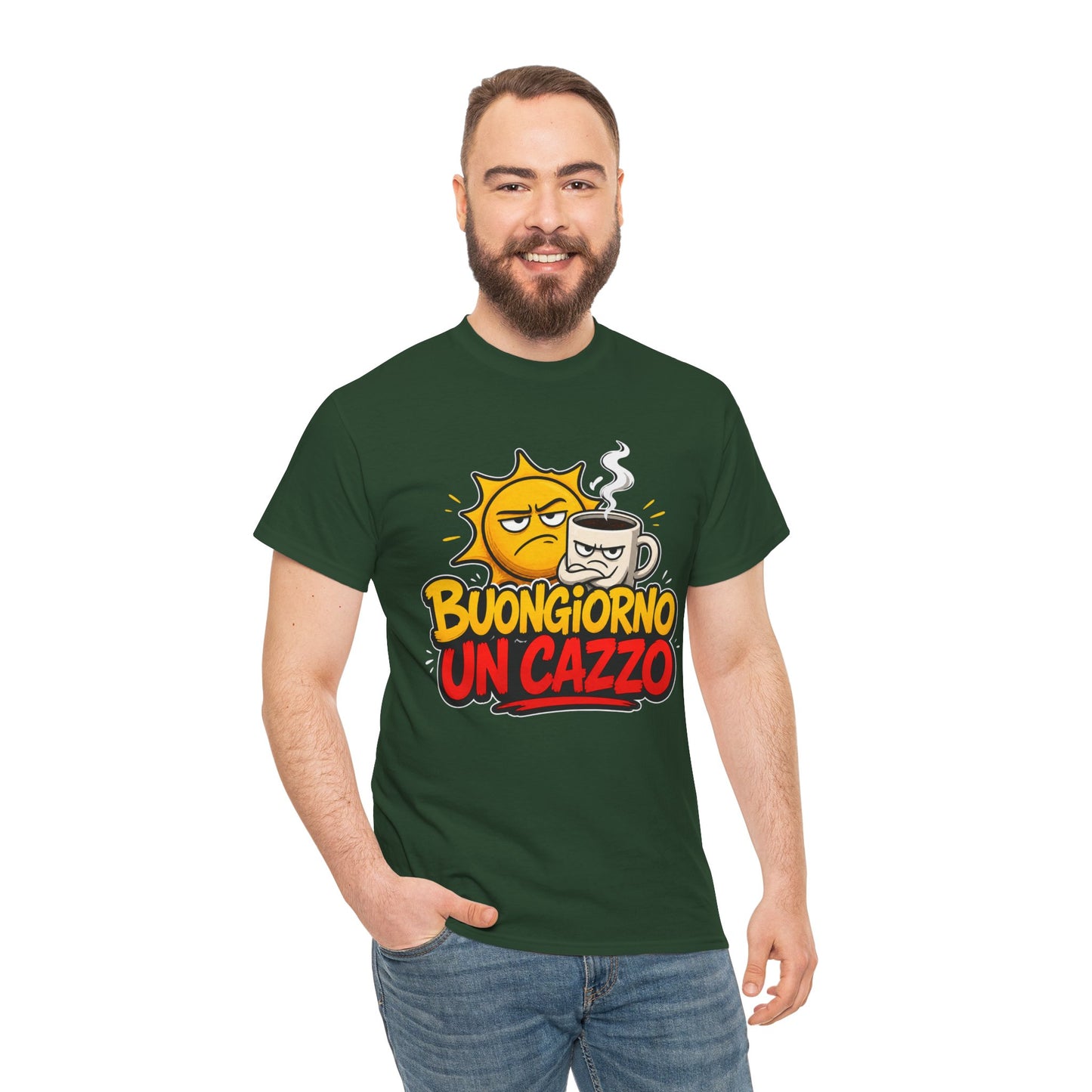 Maglietta Ironica "Buongiorno Un Cazzo" | T-Shirt Divertente con Sole e Caffè | Idea Regalo Uomo Donna