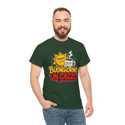 Maglietta Ironica "Buongiorno Un Cazzo" | T-Shirt Divertente con Sole e Caffè | Idea Regalo Uomo Donna