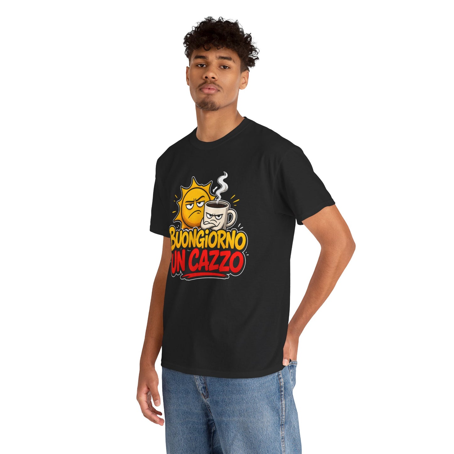 Maglietta Ironica "Buongiorno Un Cazzo" | T-Shirt Divertente con Sole e Caffè | Idea Regalo Uomo Donna