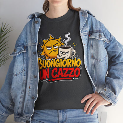 Maglietta Ironica "Buongiorno Un Cazzo" | T-Shirt Divertente con Sole e Caffè | Idea Regalo Uomo Donna