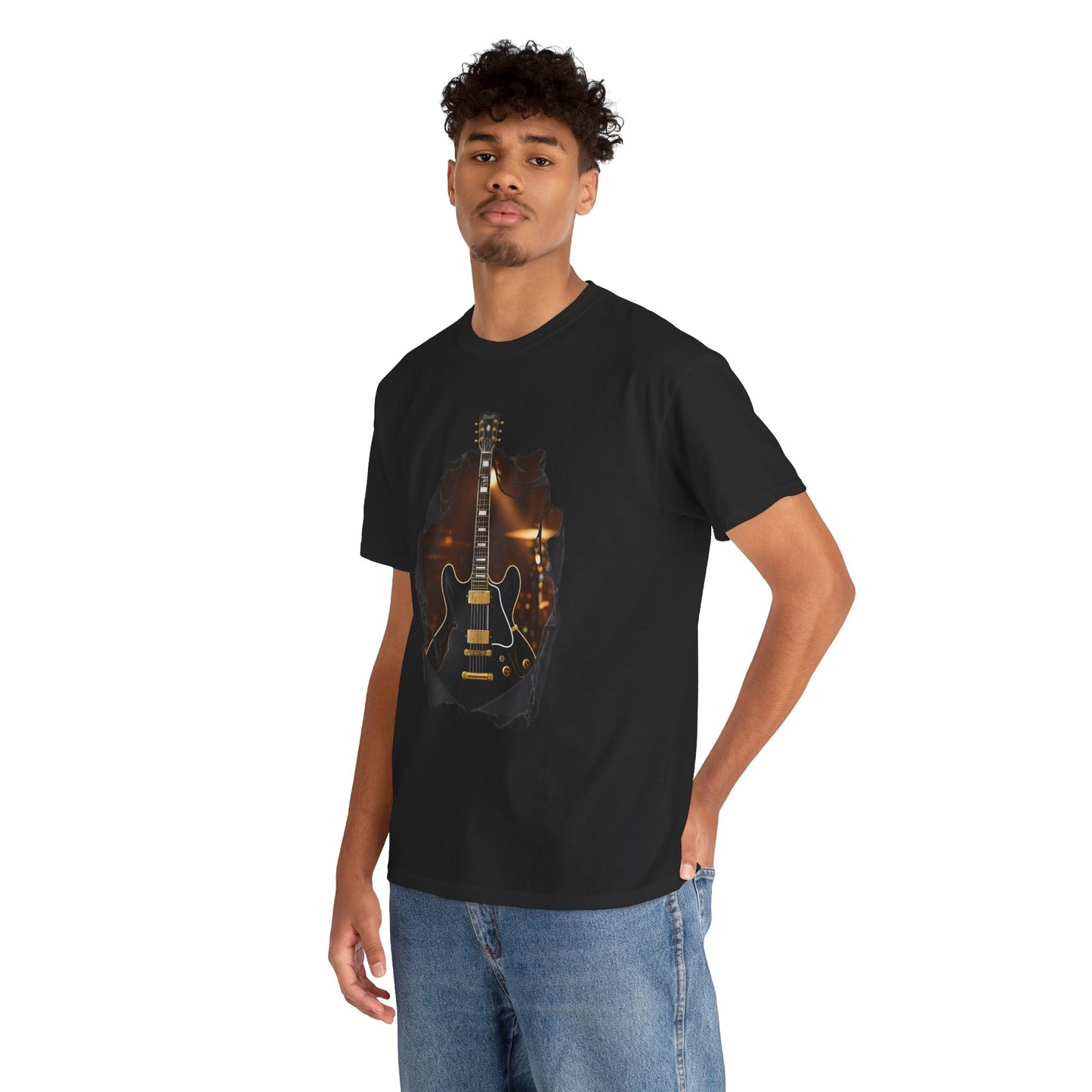 Blues Rock Music T-Shirt - Black Electric Guitar with Ripped Effect