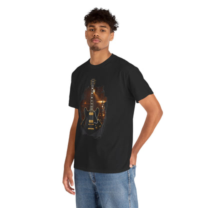 Blues Rock Music T-Shirt - Black Electric Guitar with Ripped Effect