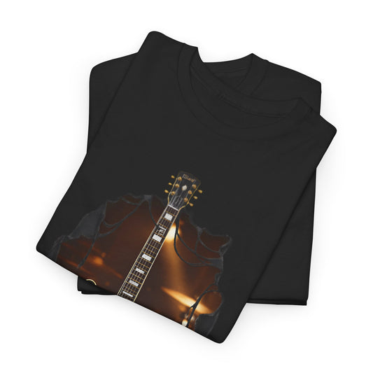 Blues Rock Music T-Shirt - Black Electric Guitar with Ripped Effect
