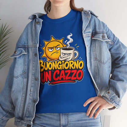 Maglietta Ironica "Buongiorno Un Cazzo" | T-Shirt Divertente con Sole e Caffè | Idea Regalo Uomo Donna