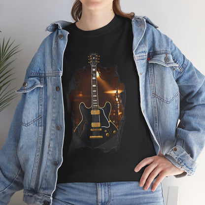Blues Rock Music T-Shirt - Black Electric Guitar with Ripped Effect