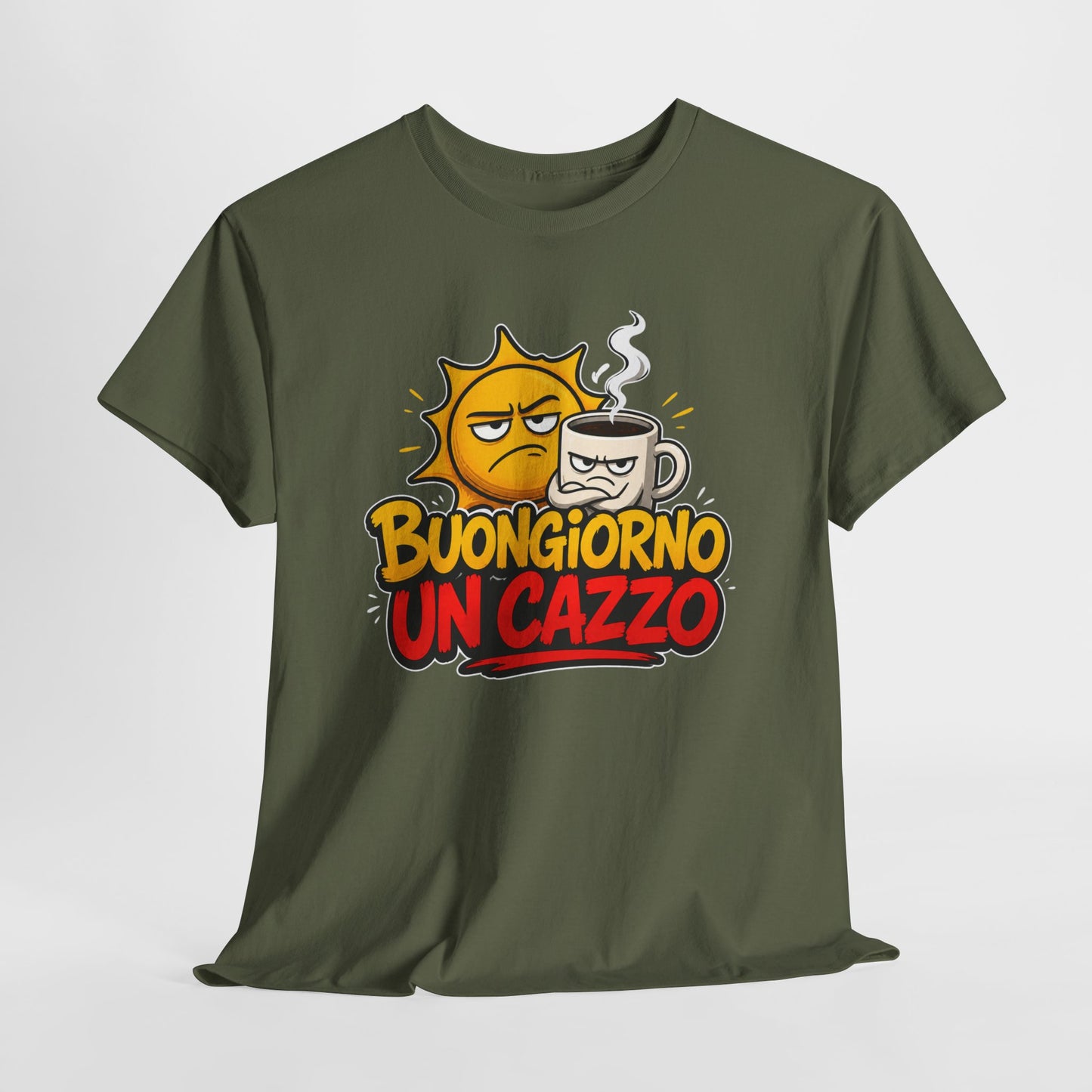 Maglietta Ironica "Buongiorno Un Cazzo" | T-Shirt Divertente con Sole e Caffè | Idea Regalo Uomo Donna
