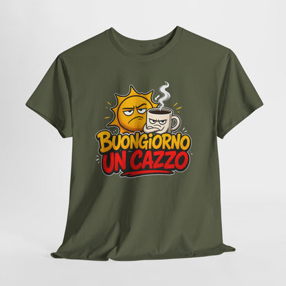 Maglietta Ironica "Buongiorno Un Cazzo" | T-Shirt Divertente con Sole e Caffè | Idea Regalo Uomo Donna