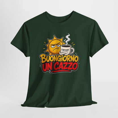 Maglietta Ironica "Buongiorno Un Cazzo" | T-Shirt Divertente con Sole e Caffè | Idea Regalo Uomo Donna