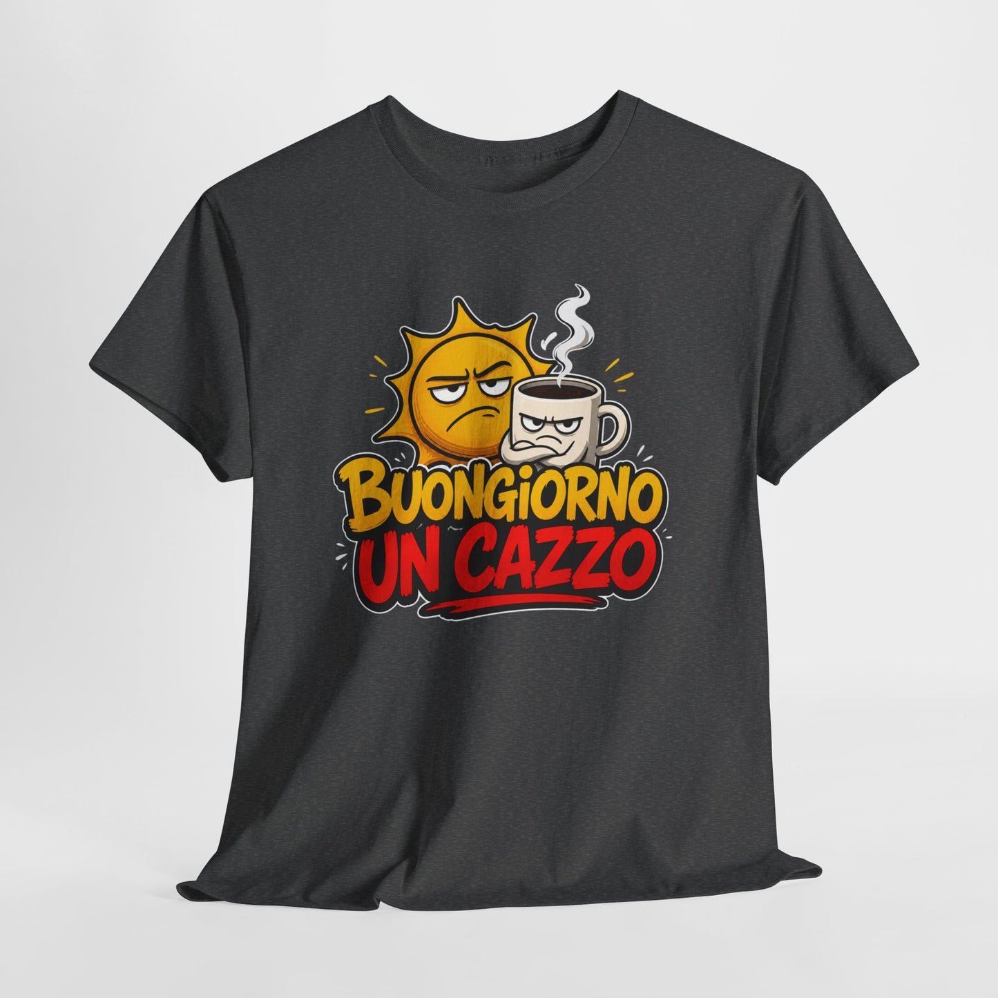 Maglietta Ironica "Buongiorno Un Cazzo" | T-Shirt Divertente con Sole e Caffè | Idea Regalo Uomo Donna