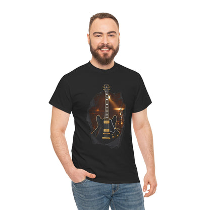 Blues Rock Music T-Shirt - Black Electric Guitar with Ripped Effect