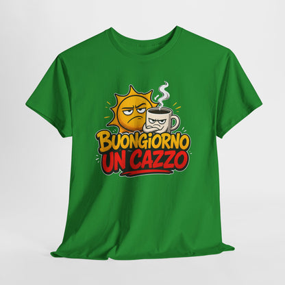 Maglietta Ironica "Buongiorno Un Cazzo" | T-Shirt Divertente con Sole e Caffè | Idea Regalo Uomo Donna