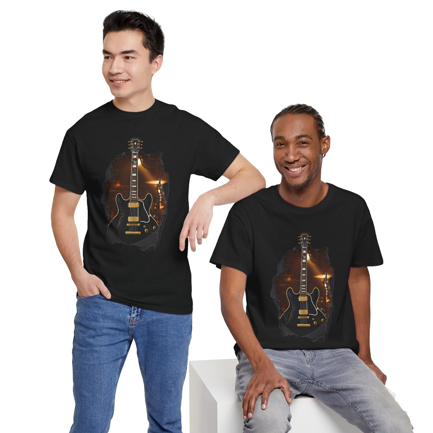Blues Rock Music T-Shirt - Black Electric Guitar with Ripped Effect