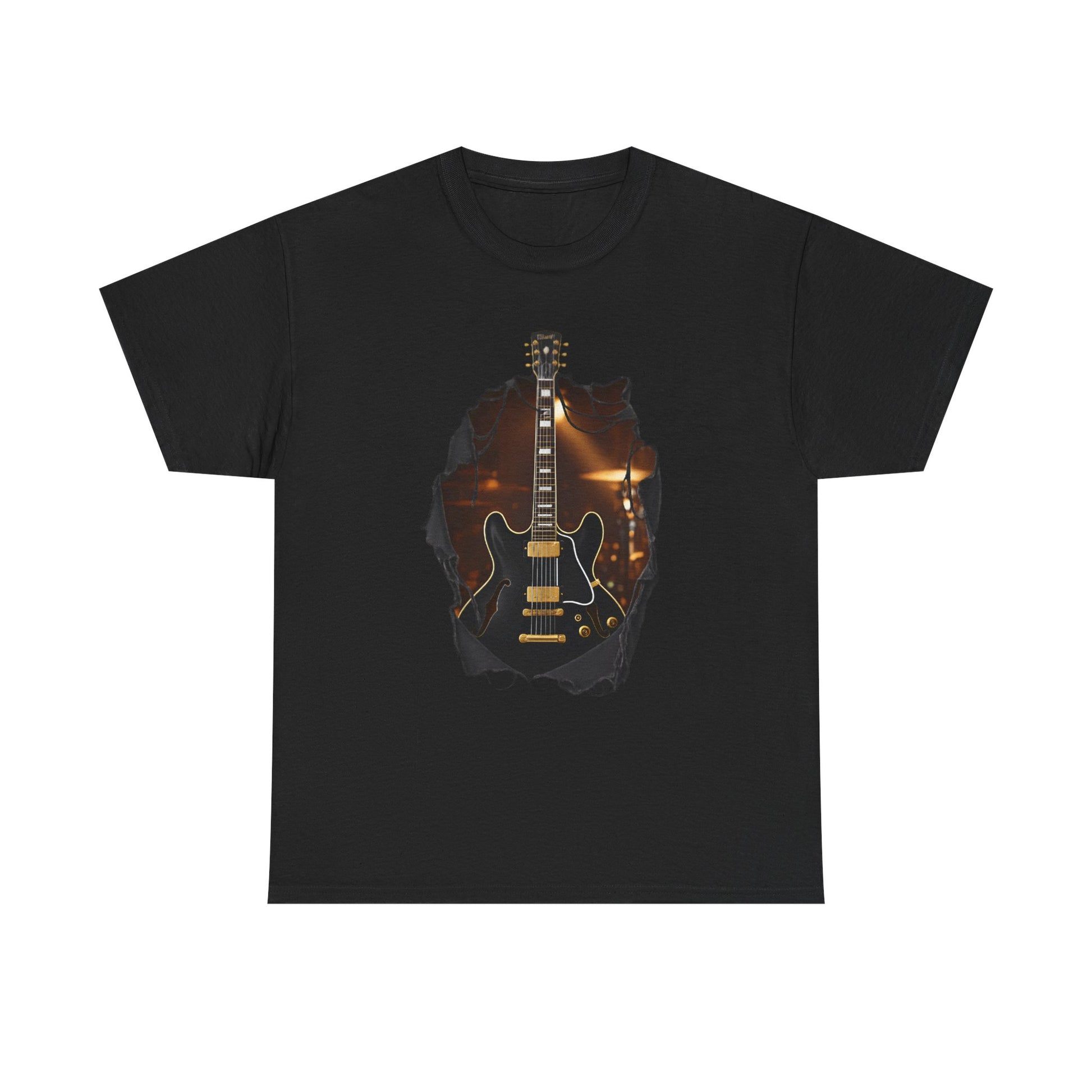 Blues Rock Music T-Shirt - Black Electric Guitar with Ripped Effect