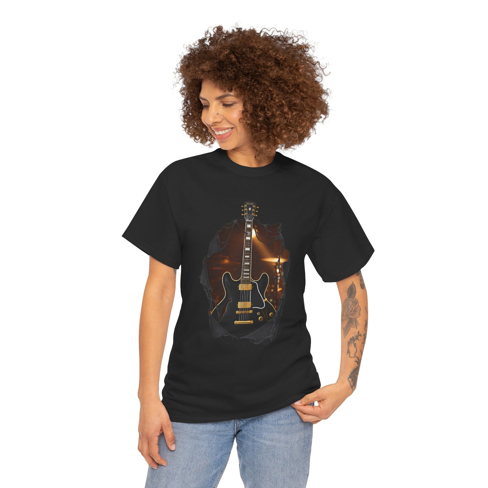 Blues Rock Music T-Shirt - Black Electric Guitar with Ripped Effect