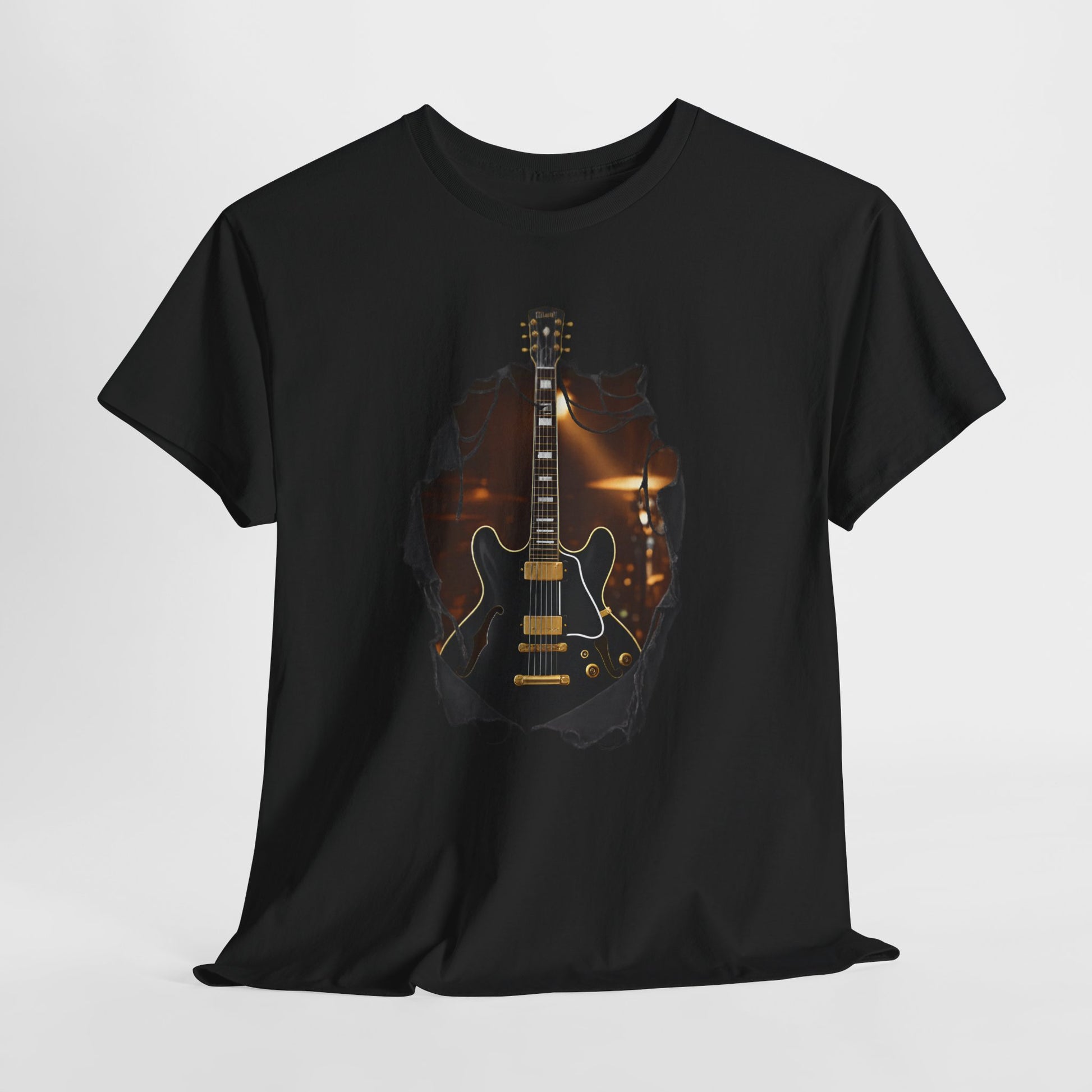Blues Rock Music T-Shirt - Black Electric Guitar with Ripped Effect