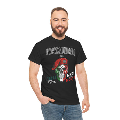Maglietta Paracadutisti Folgore, Teschio con Motto Belli come la Vita Neri come la Morte Tee