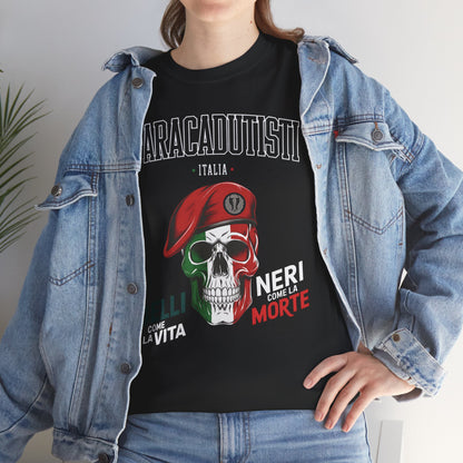 Maglietta Paracadutisti Folgore, Teschio con Motto Belli come la Vita Neri come la Morte Tee