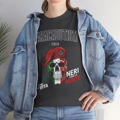 Maglietta Paracadutisti Folgore, Teschio con Motto Belli come la Vita Neri come la Morte Tee
