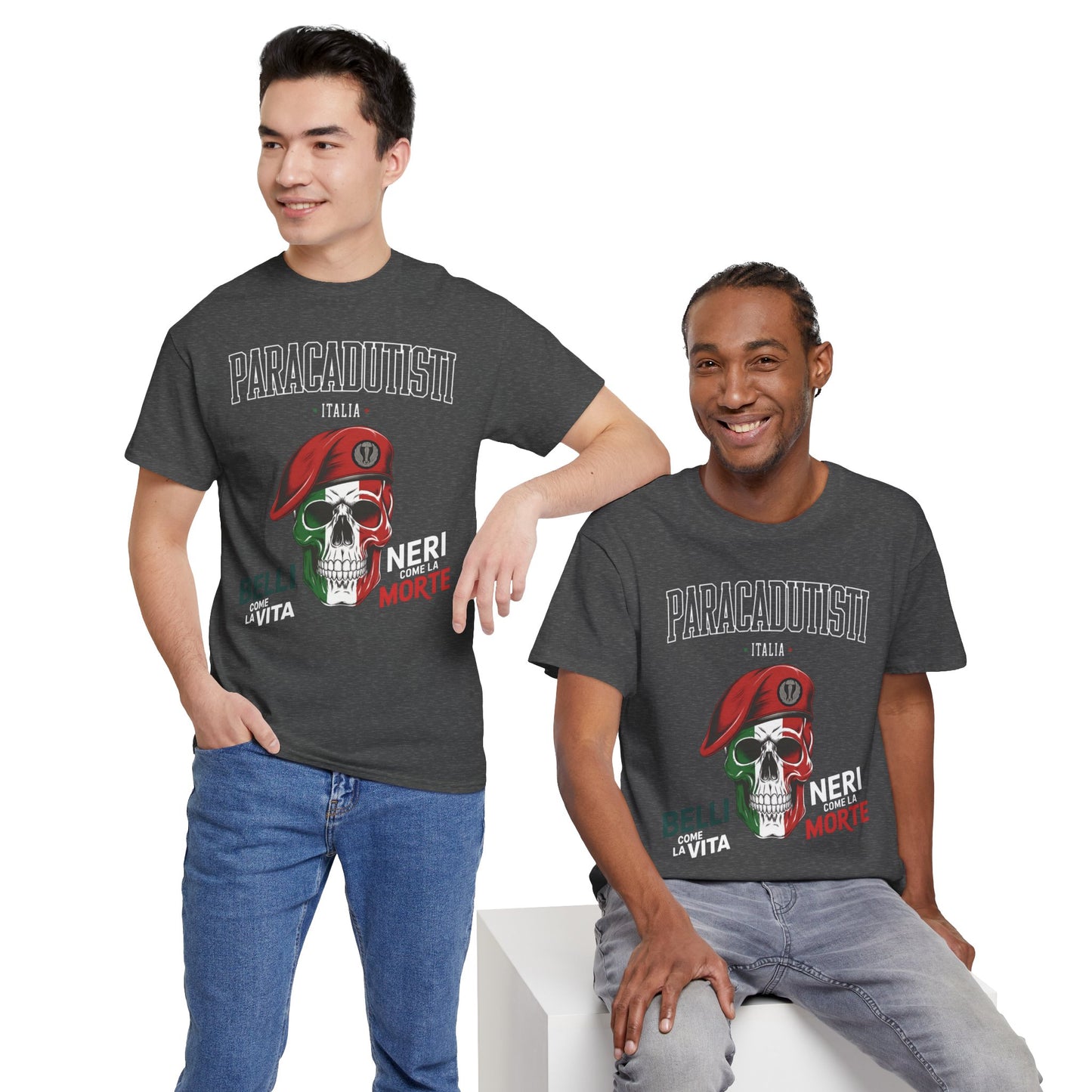 Maglietta Paracadutisti Folgore, Teschio con Motto Belli come la Vita Neri come la Morte Tee