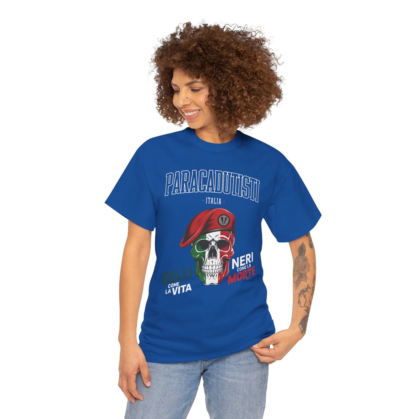 Maglietta Paracadutisti Folgore, Teschio con Motto Belli come la Vita Neri come la Morte Tee