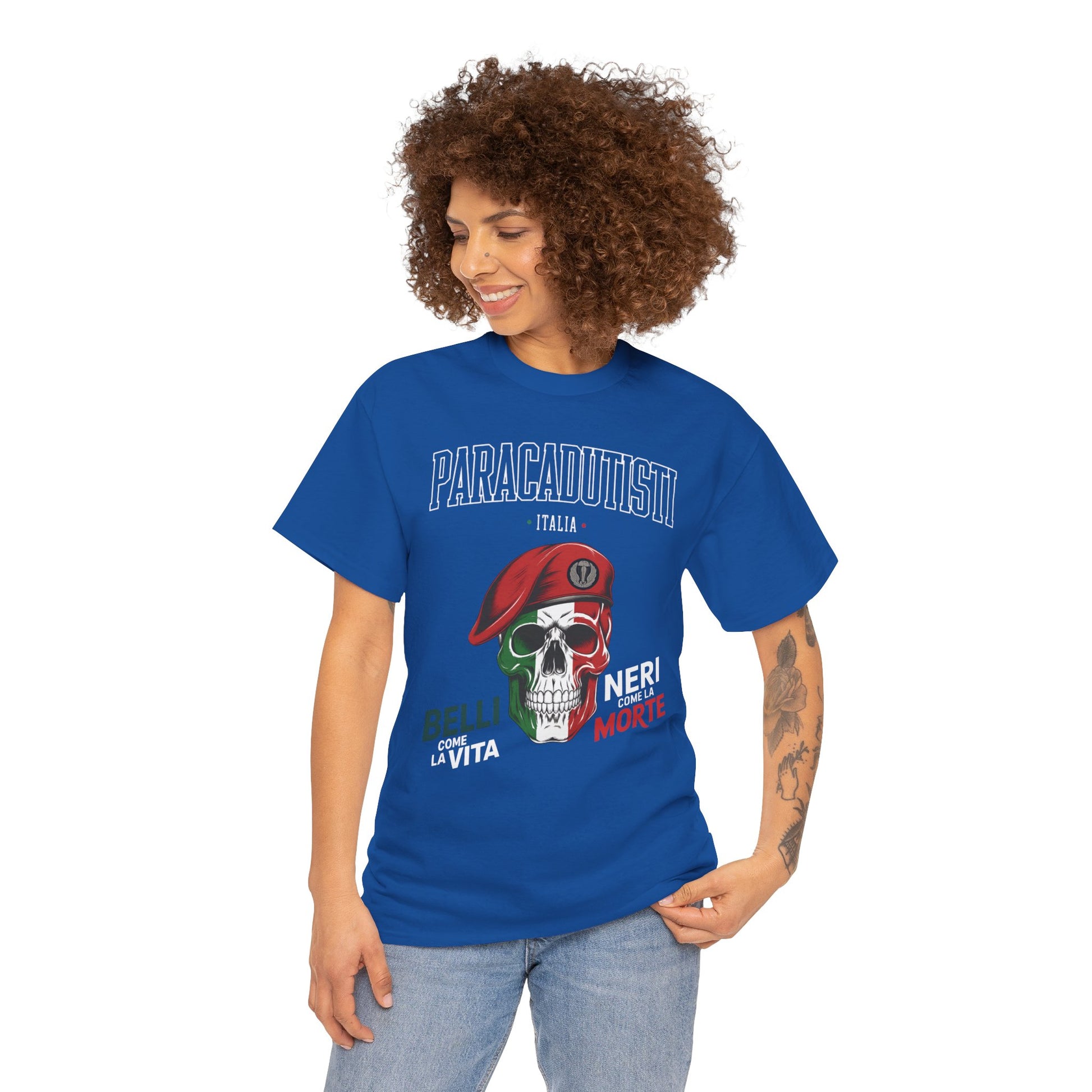 Maglietta Paracadutisti Folgore, Teschio con Motto Belli come la Vita Neri come la Morte Tee
