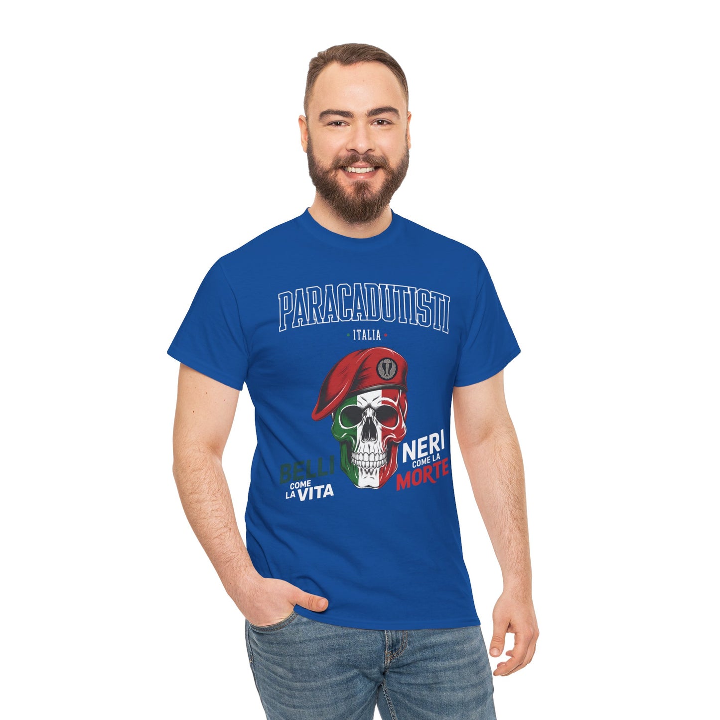 Maglietta Paracadutisti Folgore, Teschio con Motto Belli come la Vita Neri come la Morte Tee