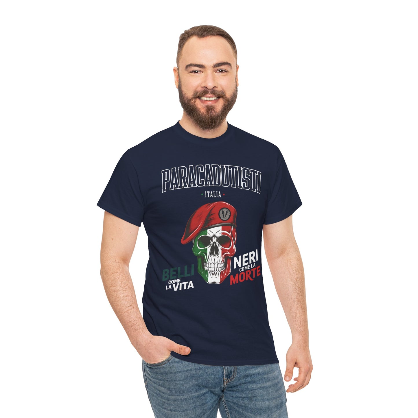 Maglietta Paracadutisti Folgore, Teschio con Motto Belli come la Vita Neri come la Morte Tee