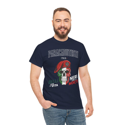 Maglietta Paracadutisti Folgore, Teschio con Motto Belli come la Vita Neri come la Morte Tee