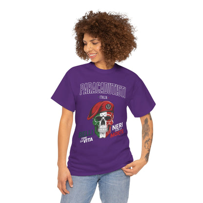 Maglietta Paracadutisti Folgore, Teschio con Motto Belli come la Vita Neri come la Morte Tee