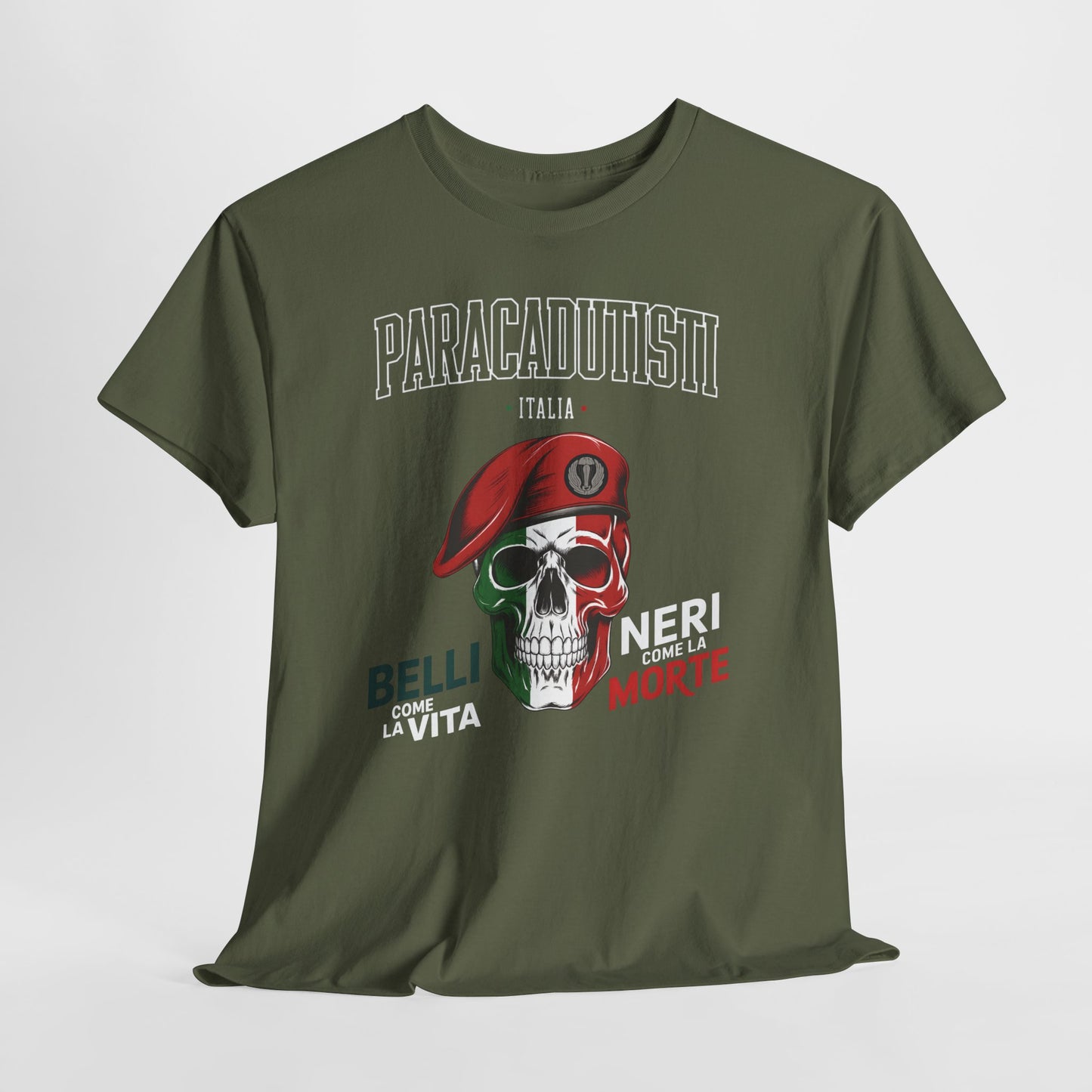 Maglietta Paracadutisti Folgore, Teschio con Motto Belli come la Vita Neri come la Morte Tee