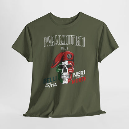 Maglietta Paracadutisti Folgore, Teschio con Motto Belli come la Vita Neri come la Morte Tee