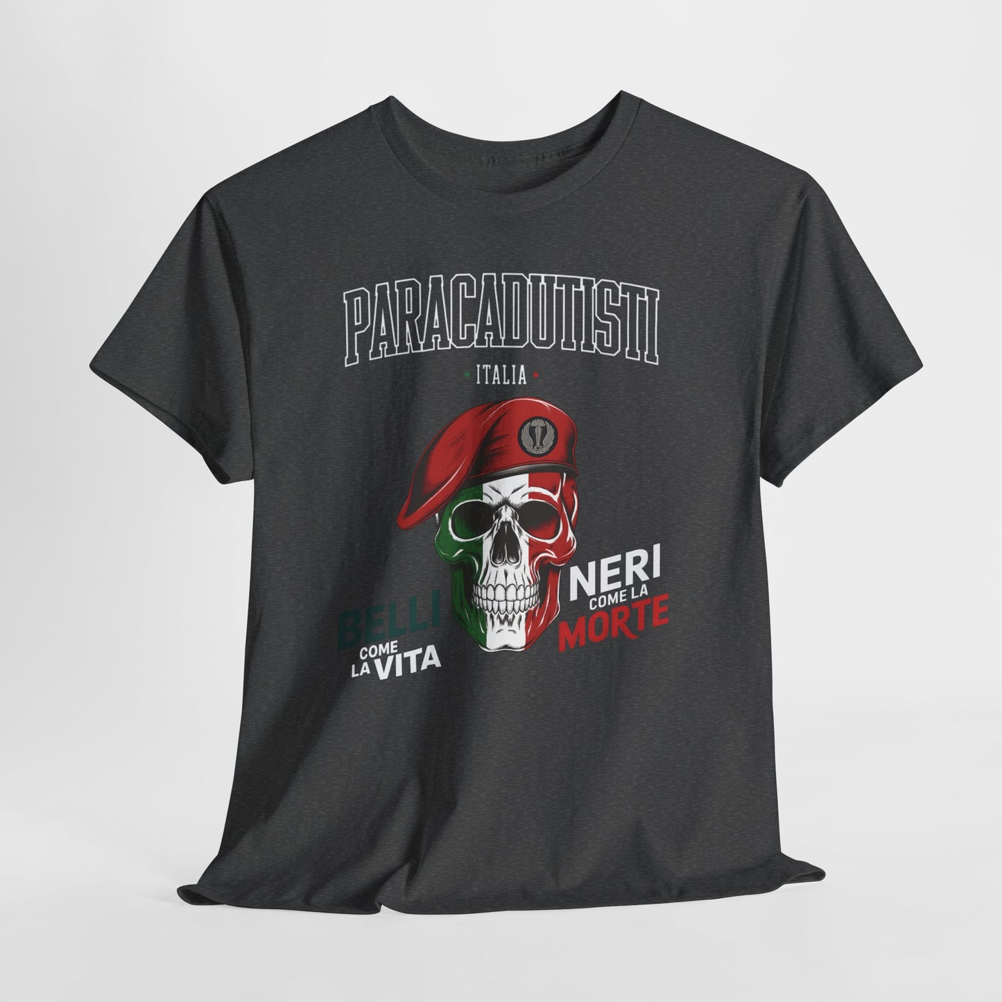 Maglietta Paracadutisti Folgore, Teschio con Motto Belli come la Vita Neri come la Morte Tee