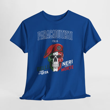 Maglietta Paracadutisti Folgore, Teschio con Motto Belli come la Vita Neri come la Morte Tee