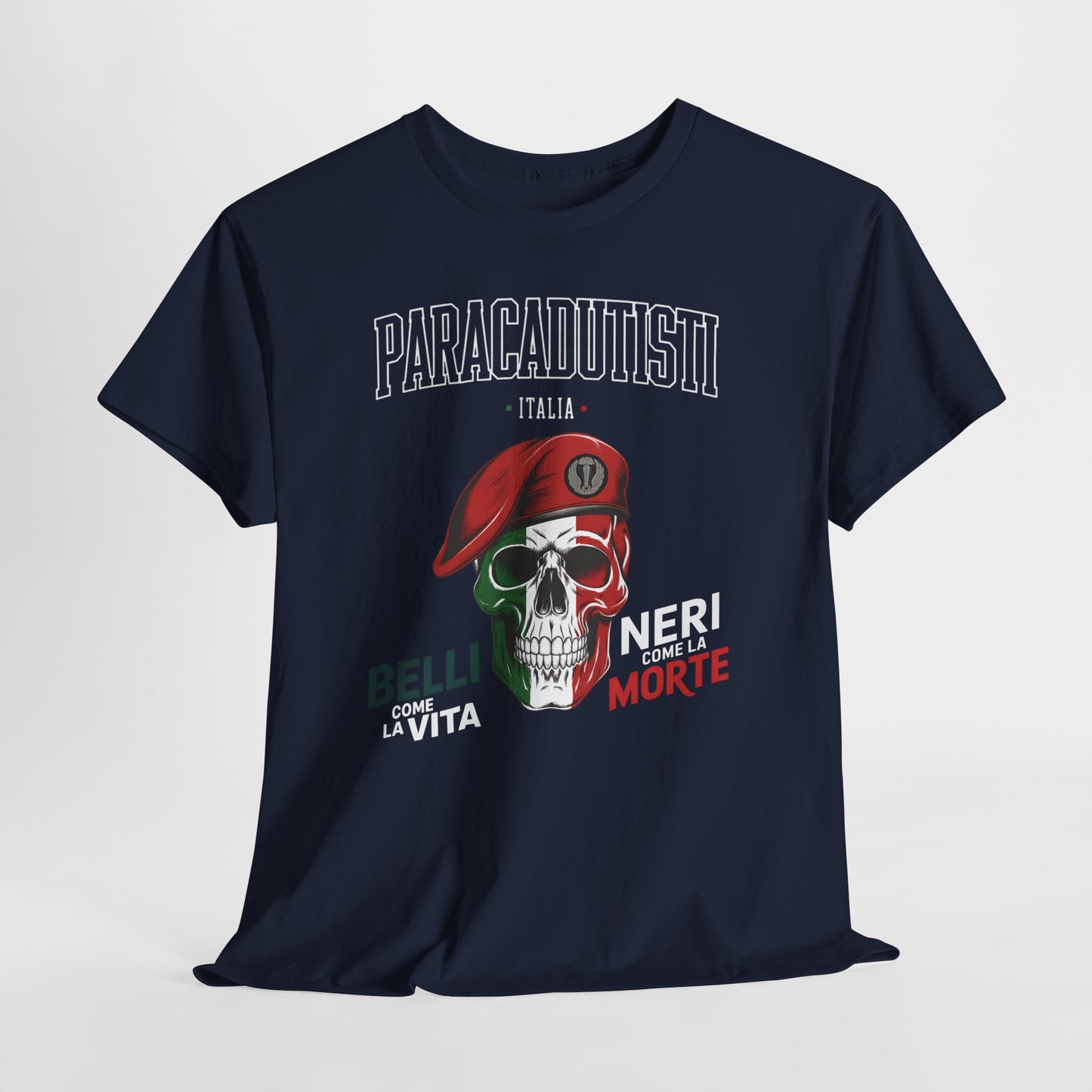 Maglietta Paracadutisti Folgore, Teschio con Motto Belli come la Vita Neri come la Morte Tee