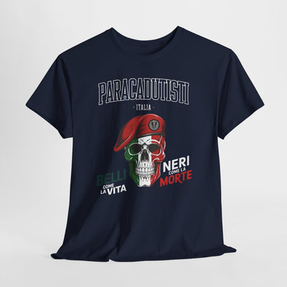 Maglietta Paracadutisti Folgore, Teschio con Motto Belli come la Vita Neri come la Morte Tee