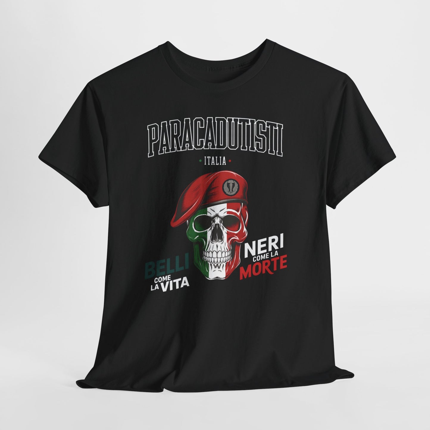 Maglietta Paracadutisti Folgore, Teschio con Motto Belli come la Vita Neri come la Morte Tee