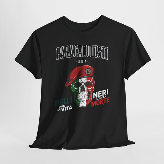 Maglietta Paracadutisti Folgore, Teschio con Motto Belli come la Vita Neri come la Morte Tee